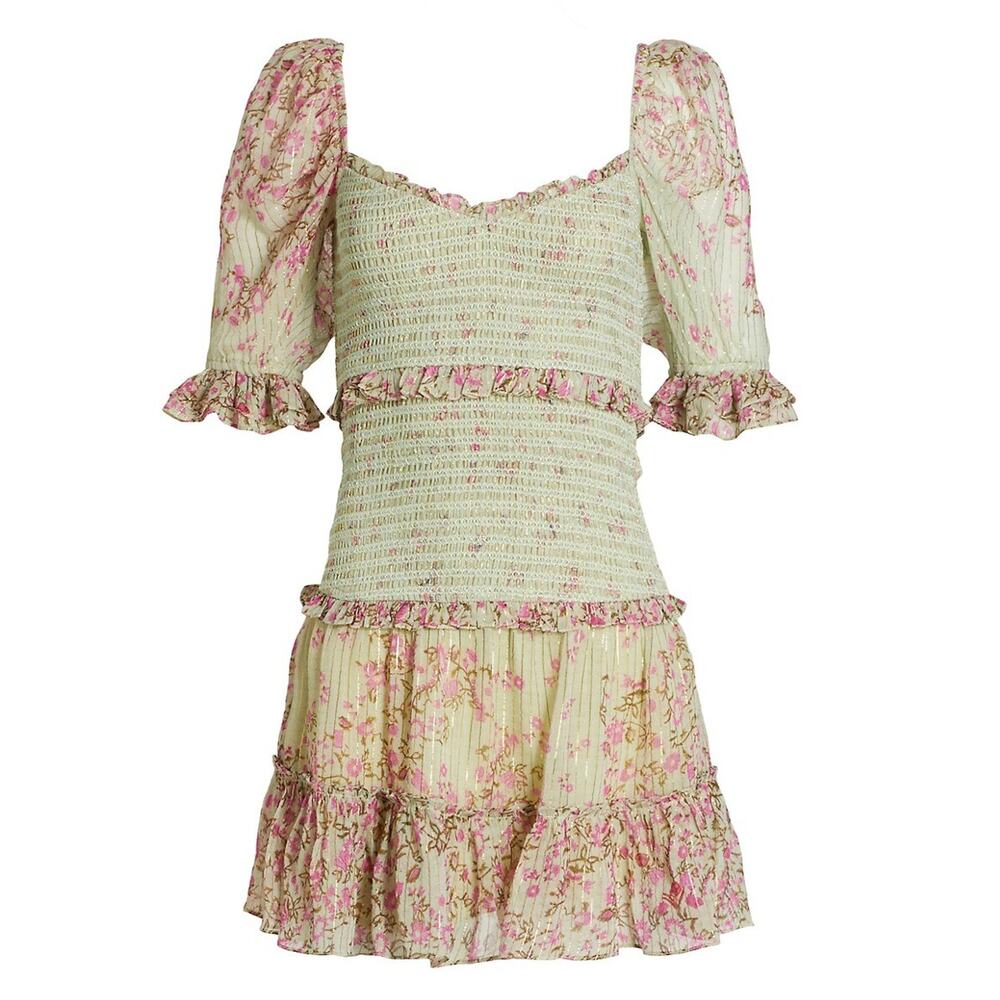 Hemant And Nandita Floral Pale Mint Tiered Mini Dress Size S